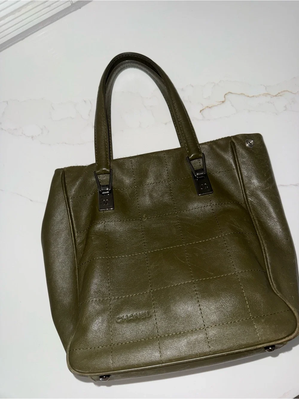 CHANEL Olive Green Quilted Leather Top-Handle Tote